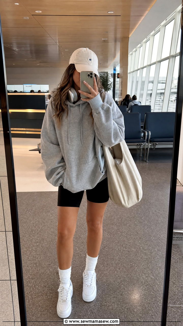 Oversized Hoodie and Biker Shorts - 30 Cute airport outfits