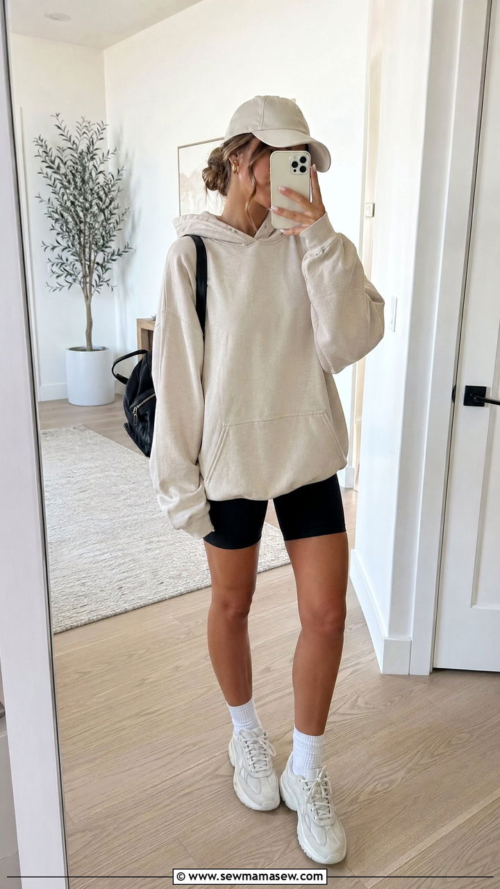 Oversized Hoodie and Biker Shorts with Crew Socks and Sneakers - 35 errands outfits for women