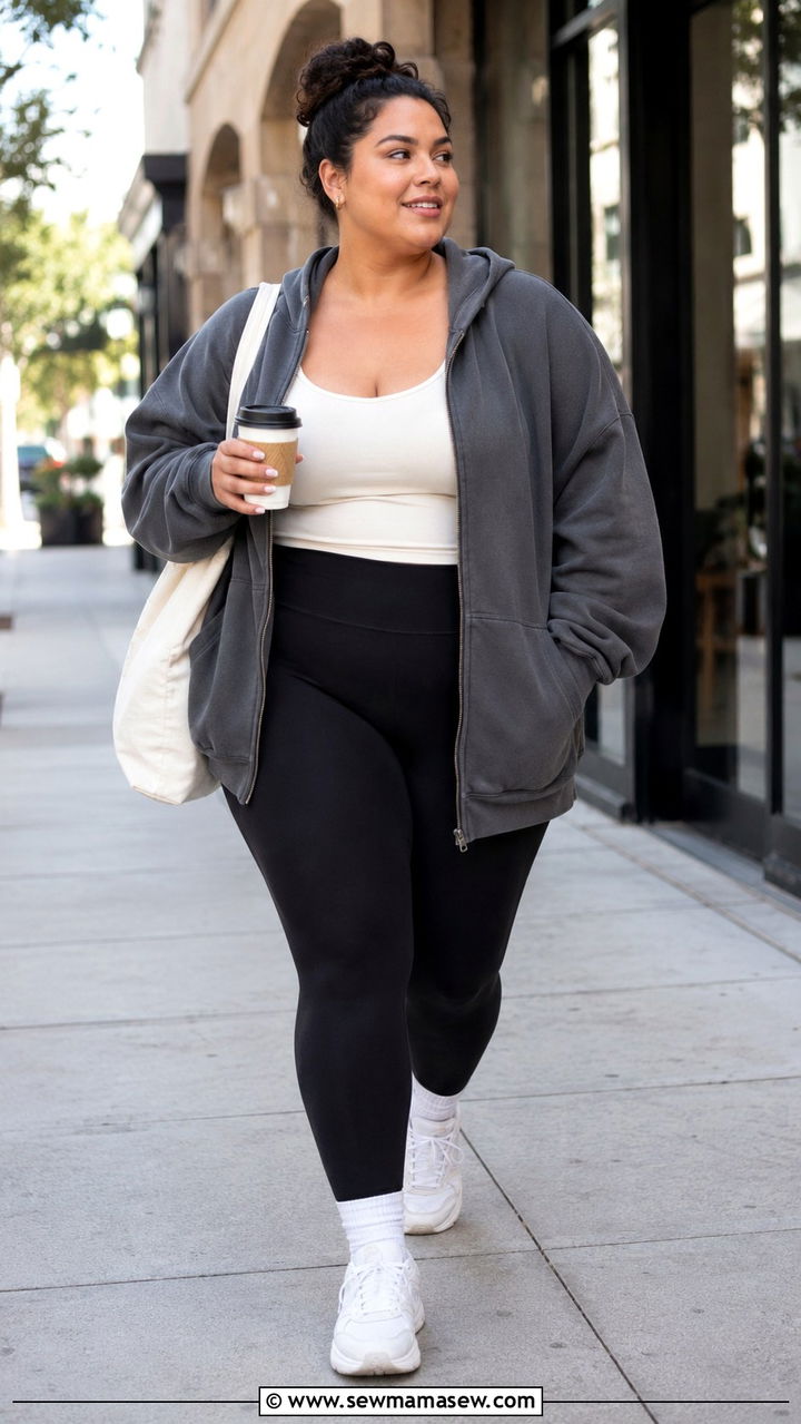 Oversized Hoodie and Compression Leggings - 30 Pilates outfit ideas plus size