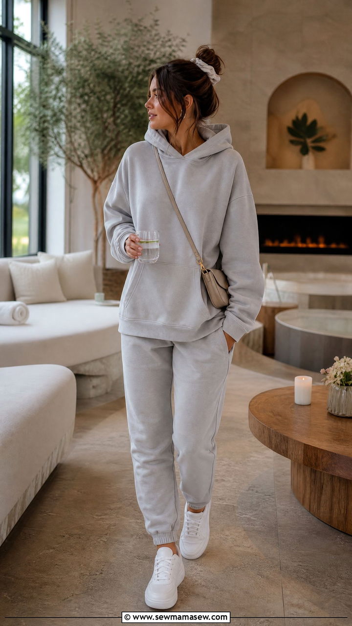 Oversized Hoodie and Jogger Set With White Sneakers - 30 Cozy spa day outfit ideas