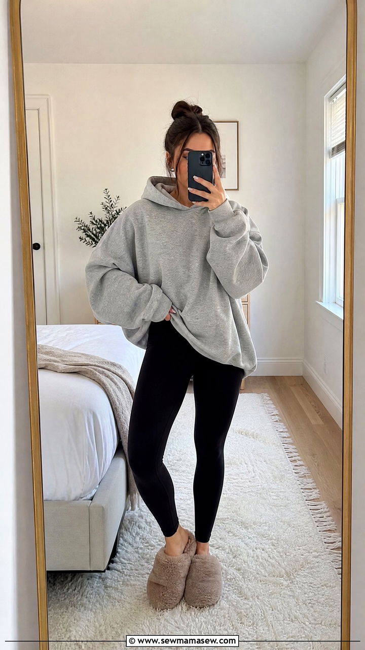 Oversized Hoodie and Leggings with Fuzzy Slippers - 30 Fuzzy slippers outfit ideas