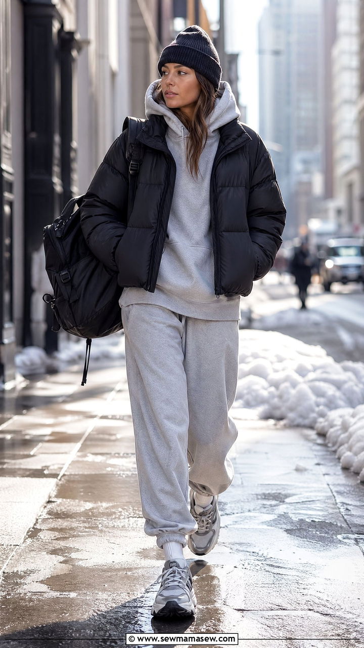 Oversized Hoodie and Sweatpants with Puffer Jacket - 35 errand outfit ideas for women