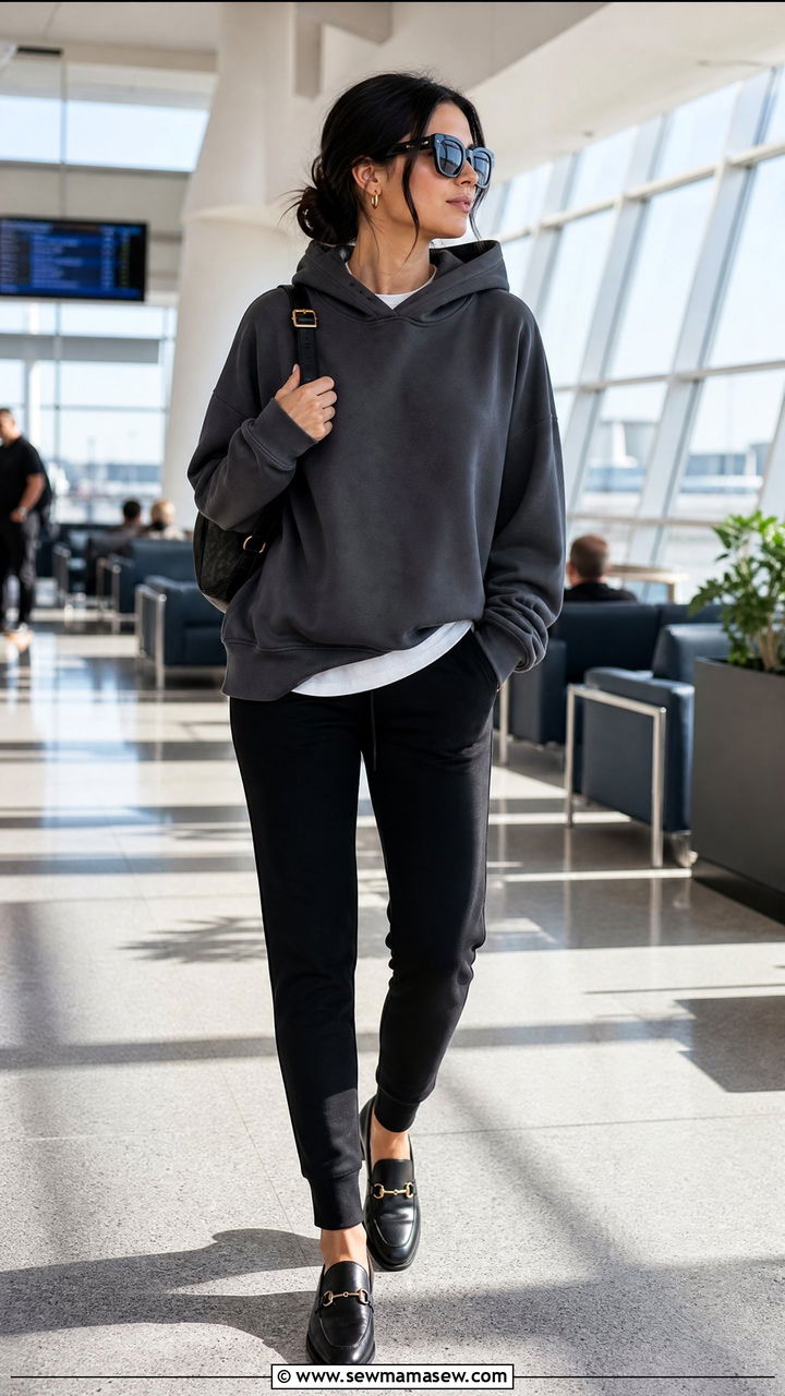 Oversized Hoodie and Tapered Joggers with Loafers - 25 Loungewear outfit ideas for travel