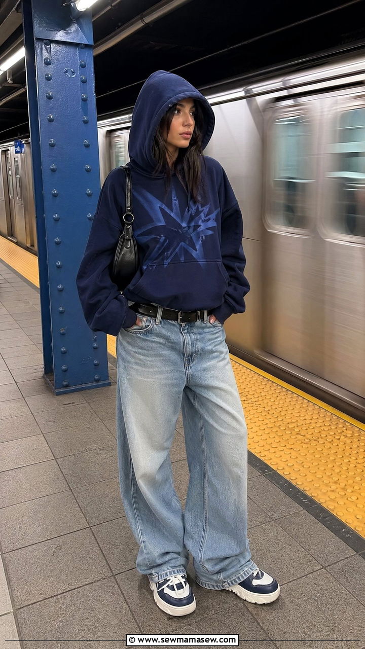 Oversized Hoodie and Wide Leg Jeans Outfit - 35 Downtown girl outfit ideas