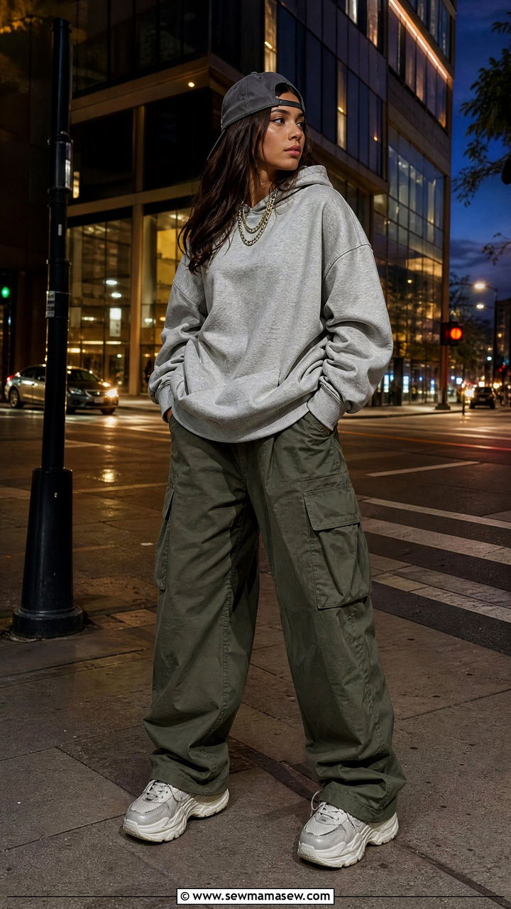 Oversized Hoodie with Baggy Cargo Pants and Dad Sneakers - 30 summer cargo pants outfit ideas
