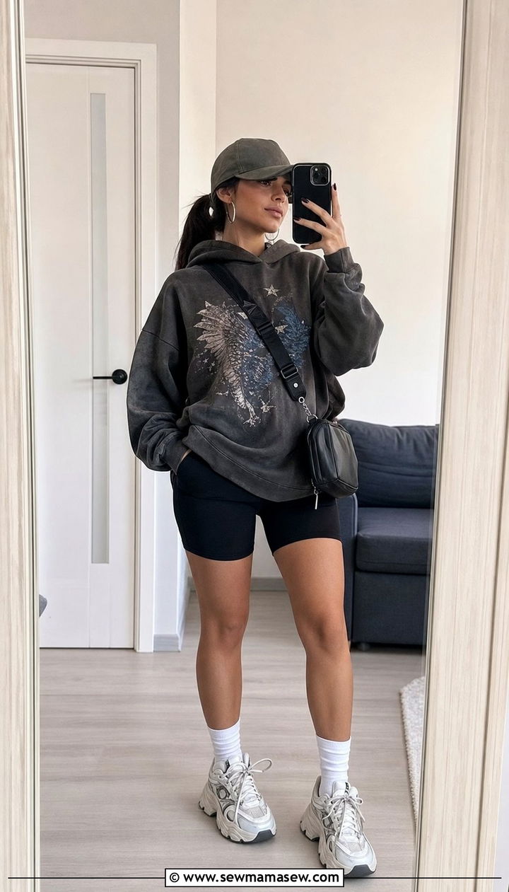Oversized Hoodie with Bike Shorts Outfit - 25 concert outfits Pinterest