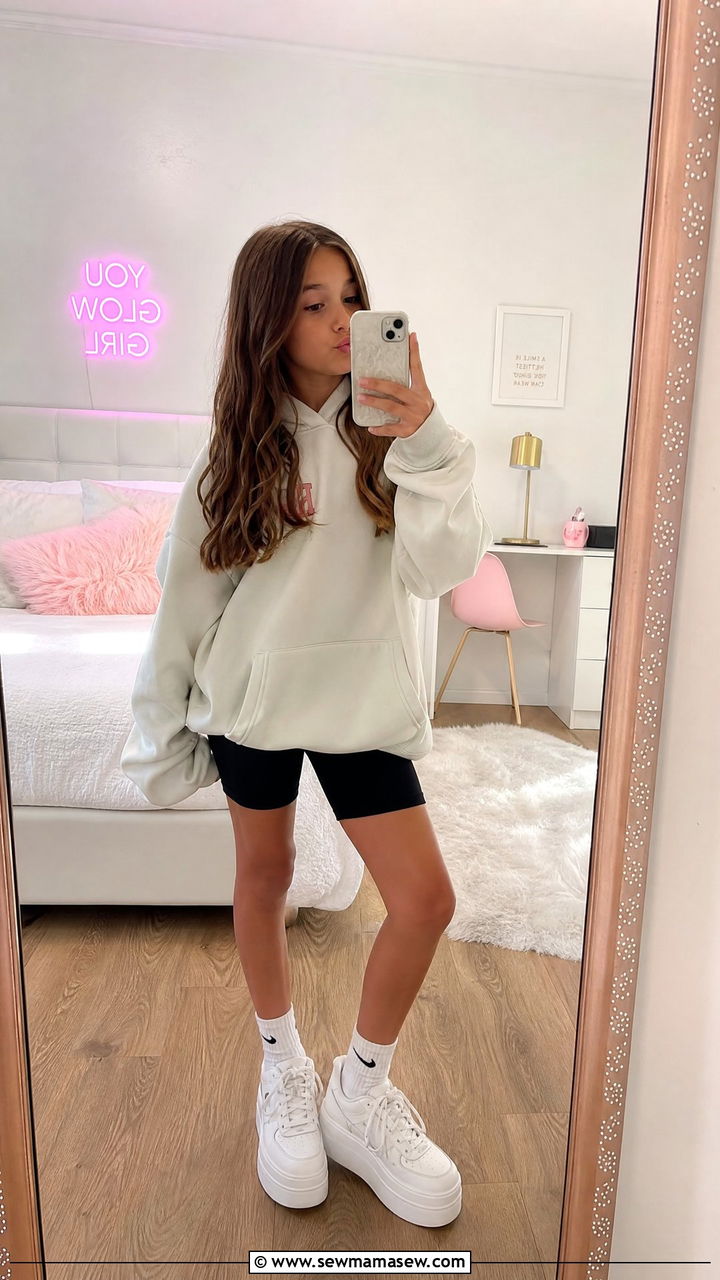 Oversized Hoodie with Bike Shorts Tween Look - 25 Tween outfit ideas for 11 year olds