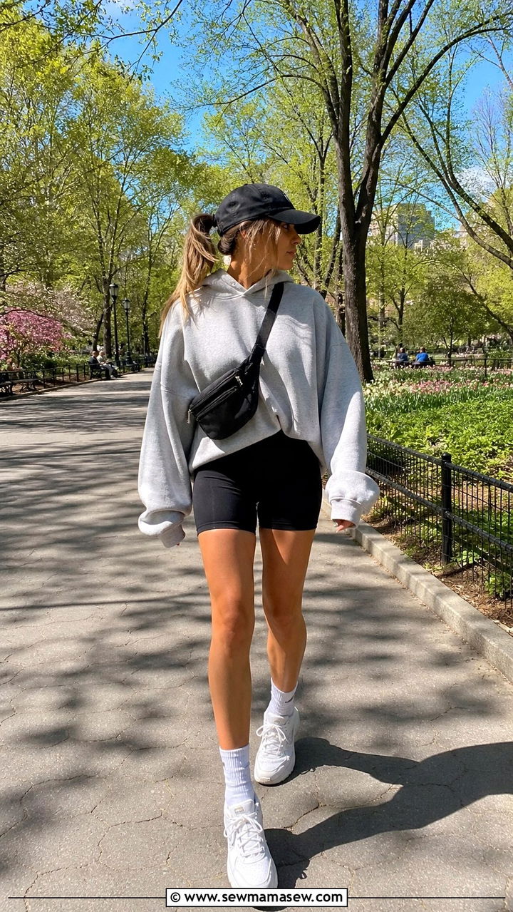 Oversized Hoodie with Biker Shorts and Chunky Sneakers - 40 Spring weekend outfit ideas