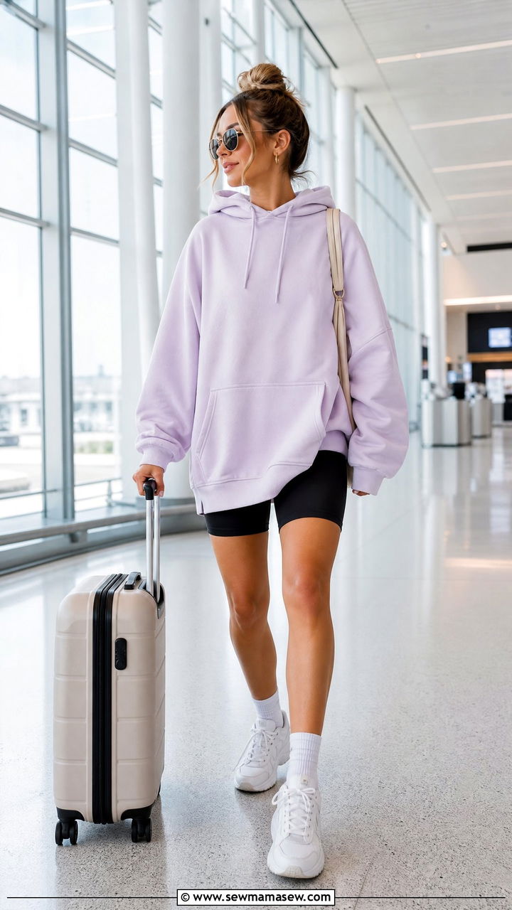 Oversized Hoodie with Biker Shorts and Chunky Sneakers - 40 spring vacation outfit ideas