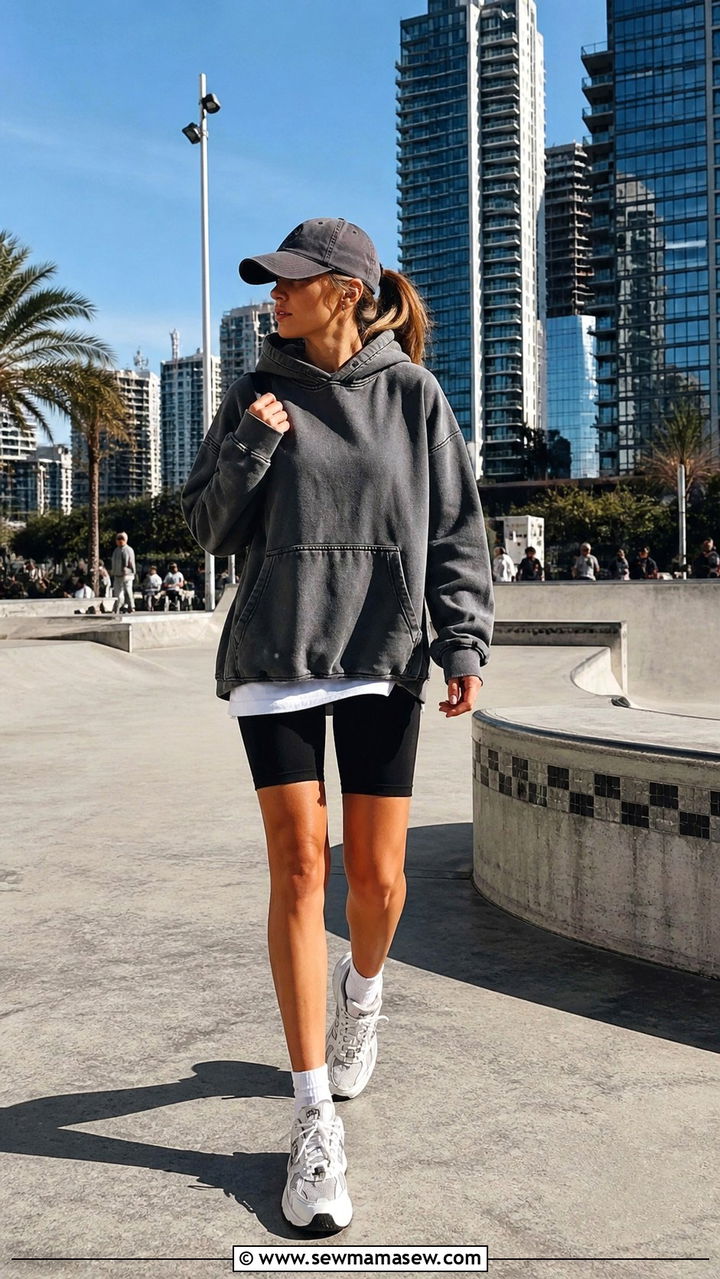 Oversized Hoodie with Biker Shorts and Dad Sneakers - 40 transitional outfits