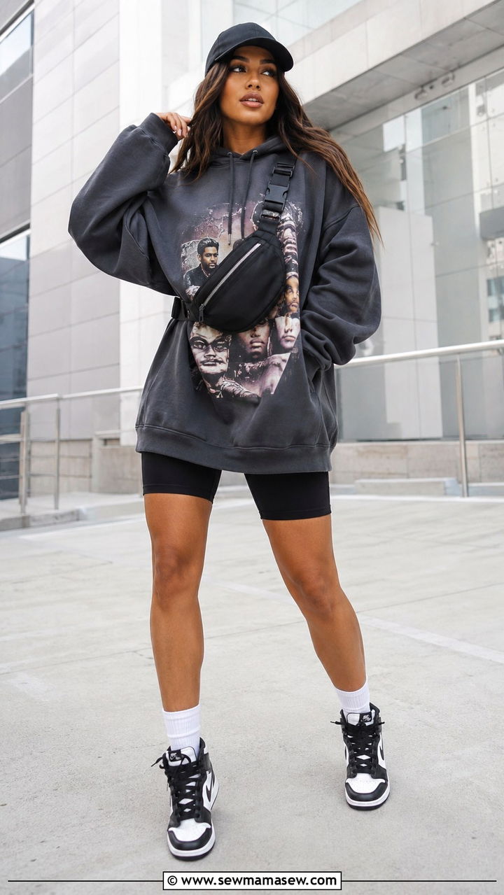 Oversized Hoodie with Biker Shorts and High Top Sneakers - 25 Arena concert outfit ideas