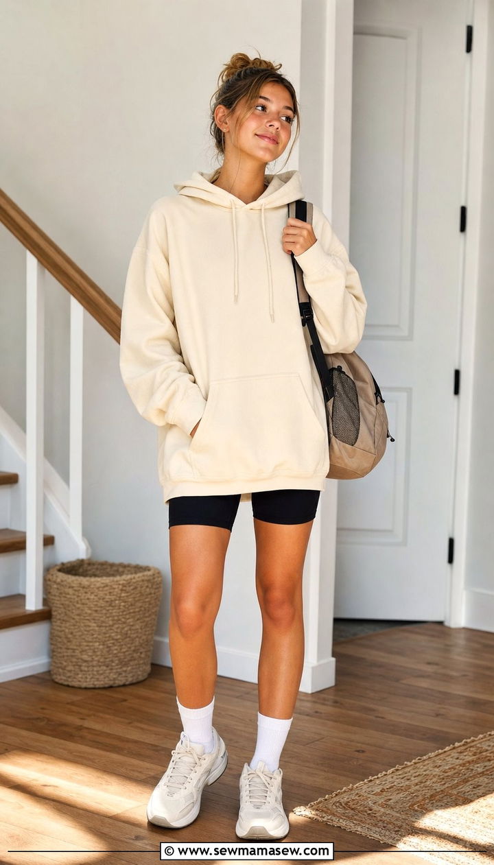 Oversized Hoodie with Biker Shorts and White Crew Socks - 35 Back to school outfit ideas for teens 2026