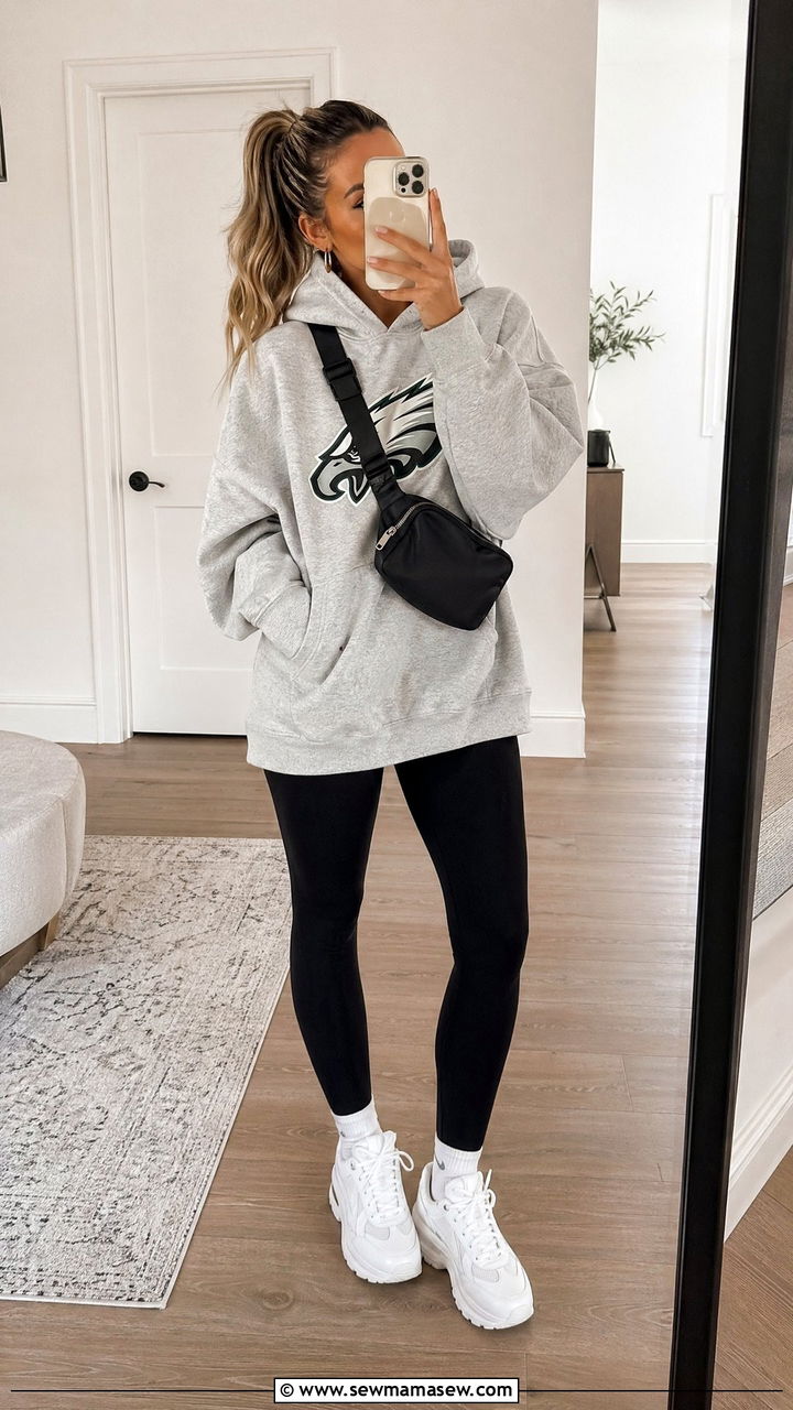 Oversized Hoodie with Black Leggings and Chunky Sneakers - 35 Football game outfit ideas for women