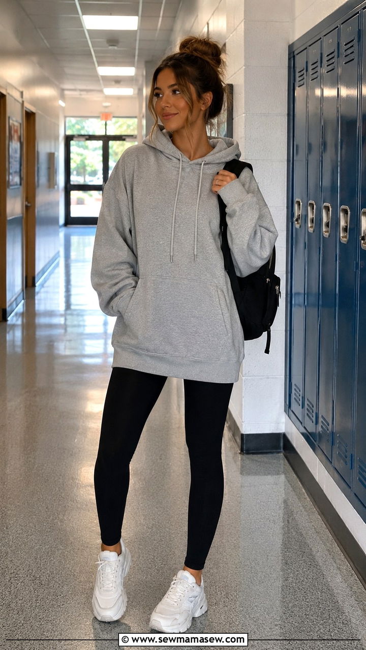 Oversized Hoodie with Black Leggings - 30 School outfit ideas with leggings