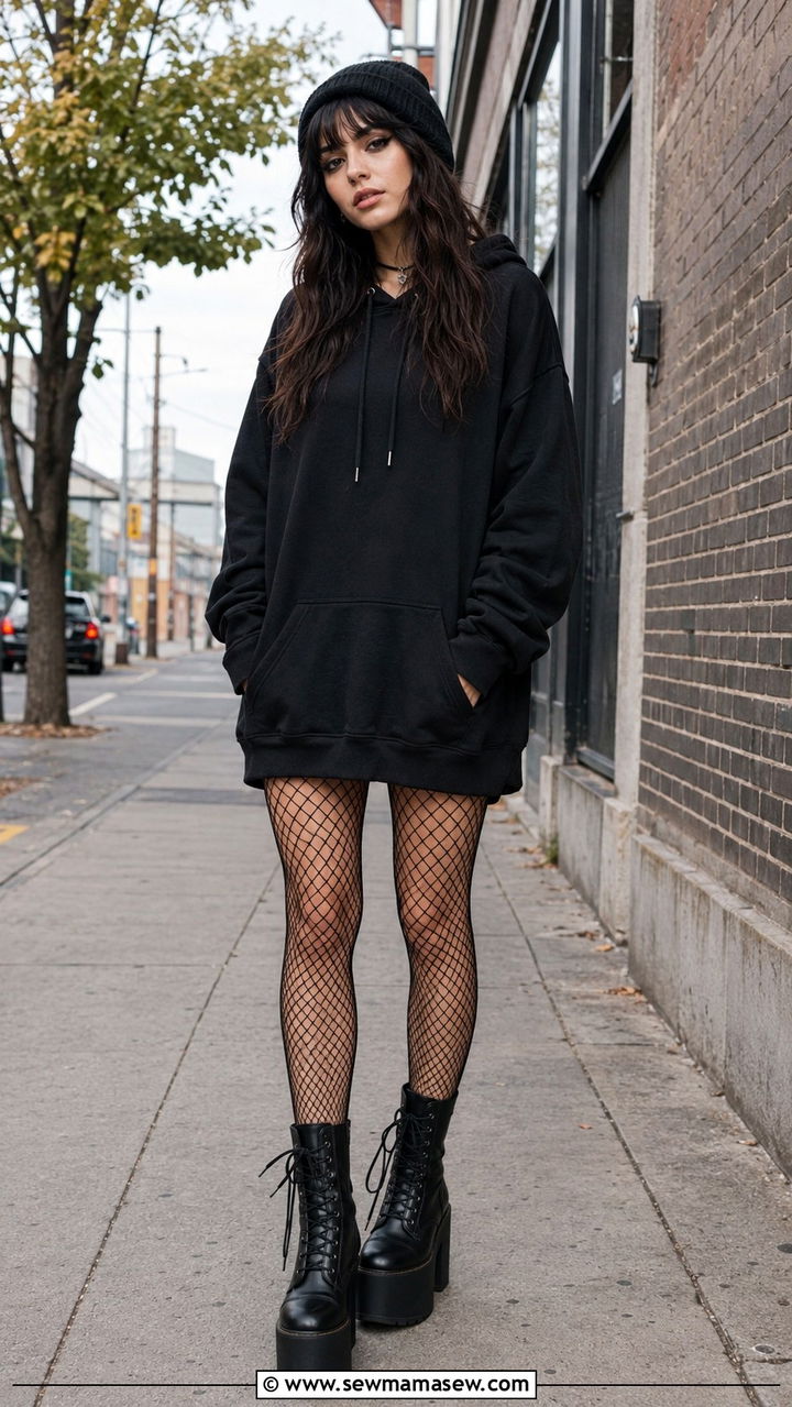 Oversized Hoodie with Fishnet Tights and Platform Boots - 30 casual grunge outfits