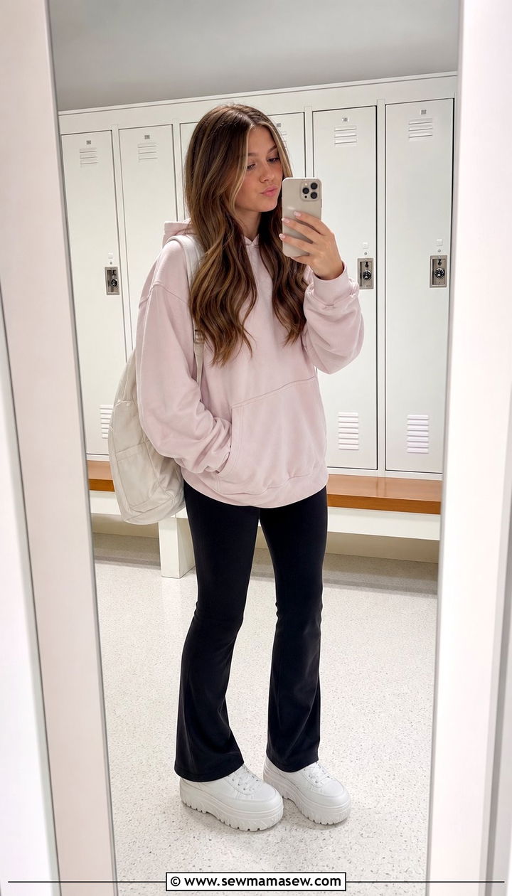 Oversized Hoodie with Flared Leggings and Platform Sneakers - 35 Back to school outfit ideas 2026