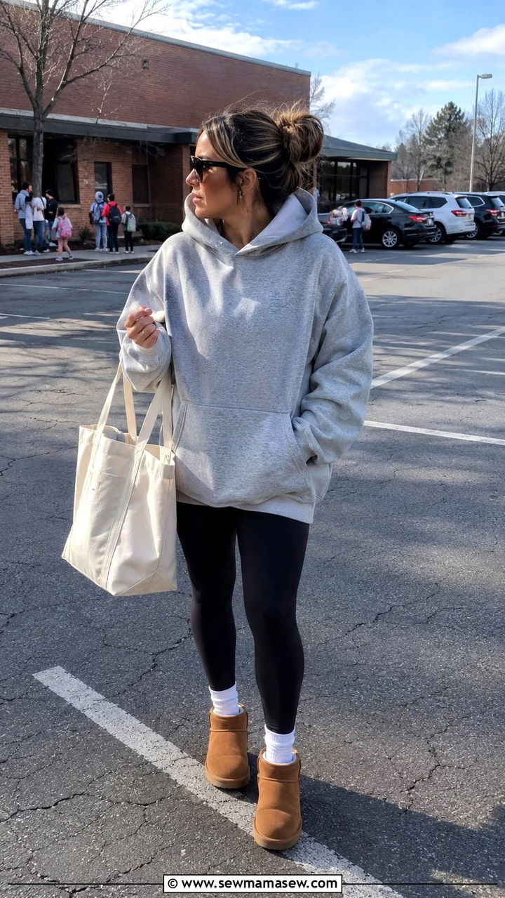Oversized Hoodie with Fleece Lined Leggings and Ugg Slippers - 20 Loungewear outfit ideas school run