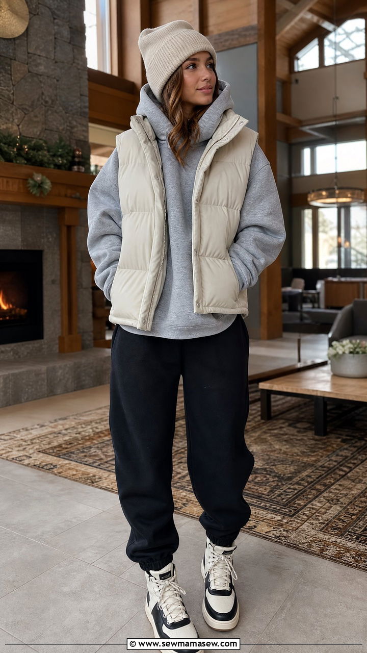 Oversized Hoodie with Puffer Vest and Joggers - 40 Ski trip outfits