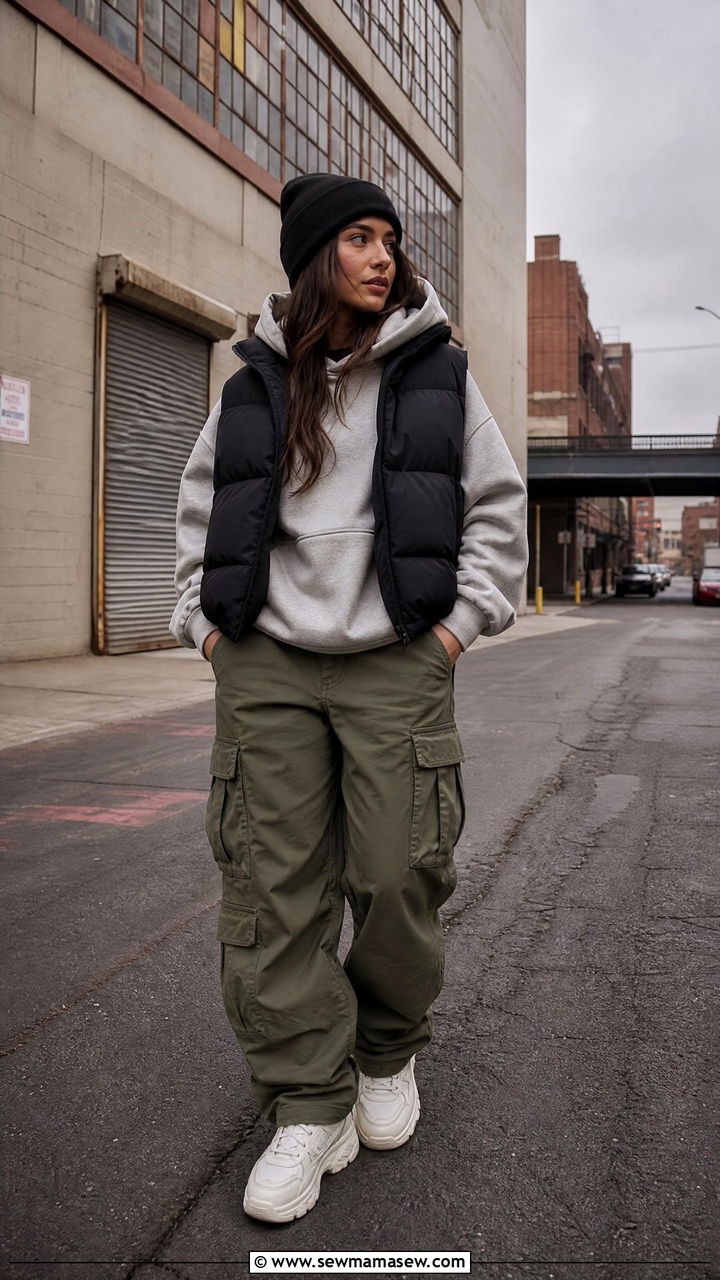 Oversized Hoodie with a Puffer Vest and Cargo Pants - 25 Fashion designer outfit ideas