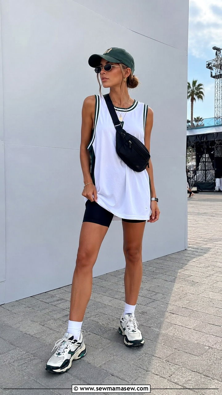Oversized Jersey With Bike Shorts And Retro Sneakers - 25 seasonal summer concert outfit ideas