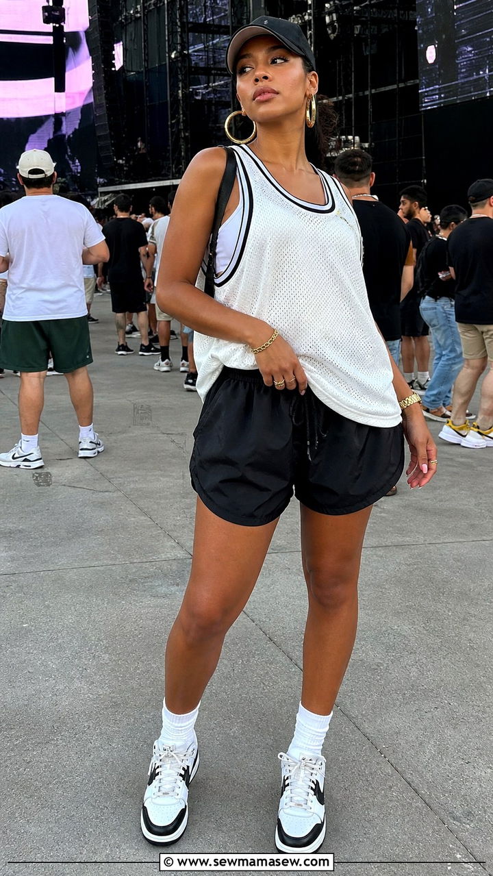 Oversized Jersey and Nylon Shorts with Retro Sneakers - 40 Summer concert outfits