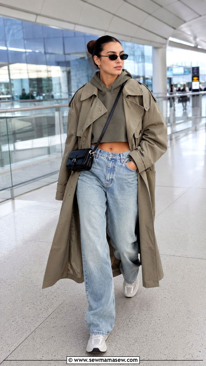 Oversized Khaki Trench Coat with Relaxed Jeans and Chunky Sneakers - 30 Khaki trench coat outfit ideas with jeans