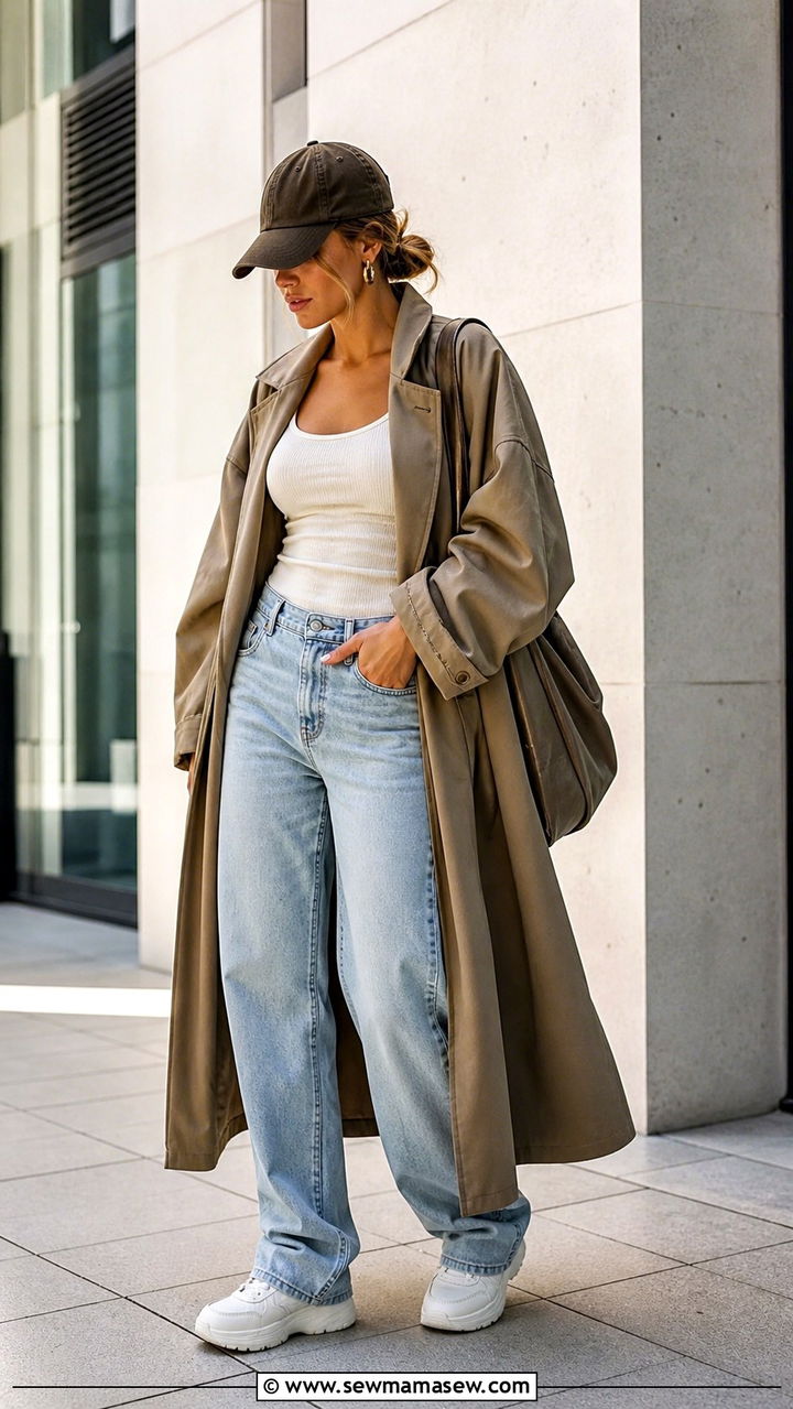 Oversized Khaki Trench Coat with Relaxed Jeans and Chunky Sneakers - 40 casual trench coat outfits