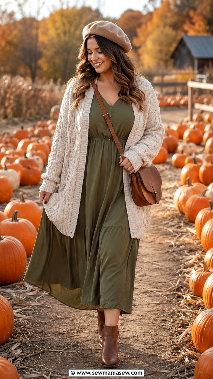 Oversized Knit Cardigan Over A Flowy Midi Dress - 20 Cottagecore outfits for pear shape