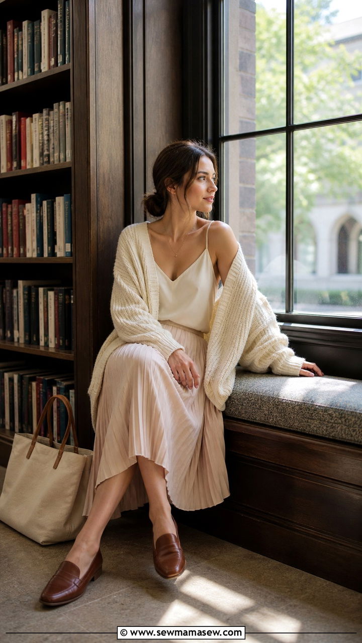 Oversized Knit Cardigan With Pleated Midi Skirt - 40 light academia outfits for women