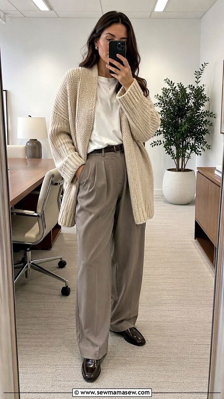 Oversized Knit Cardigan With Pleated Trousers - 20 Eclectic grandpa outfit ideas for work