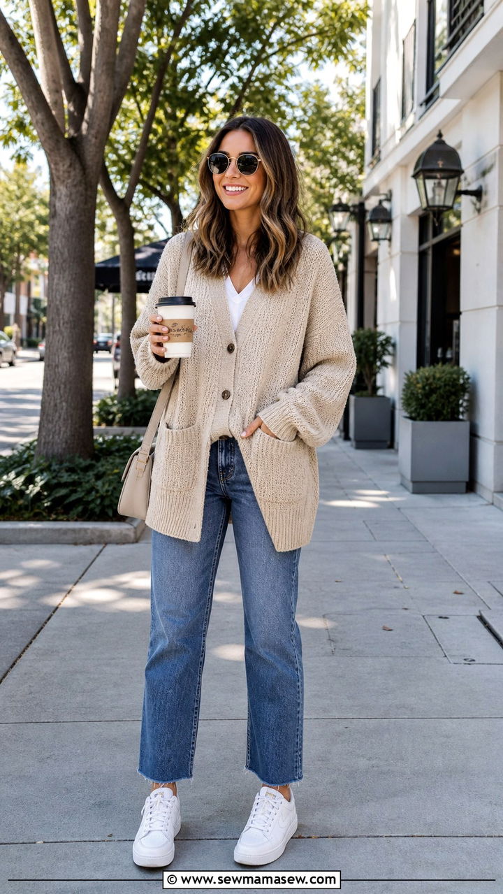 Oversized Knit Cardigan with Straight Leg Jeans and Sneakers - 40 casual cardigan outfits