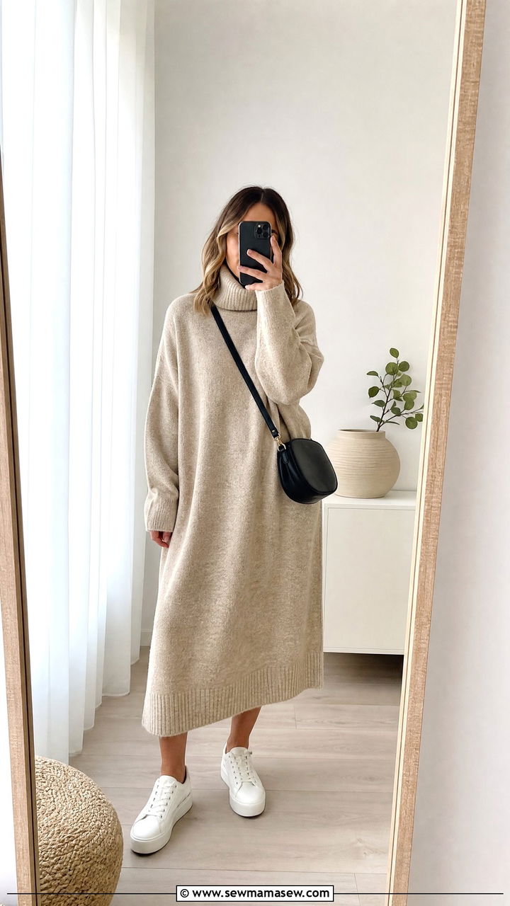 Oversized Knit Dress With White Sneakers - 30 casual scandinavian outfits