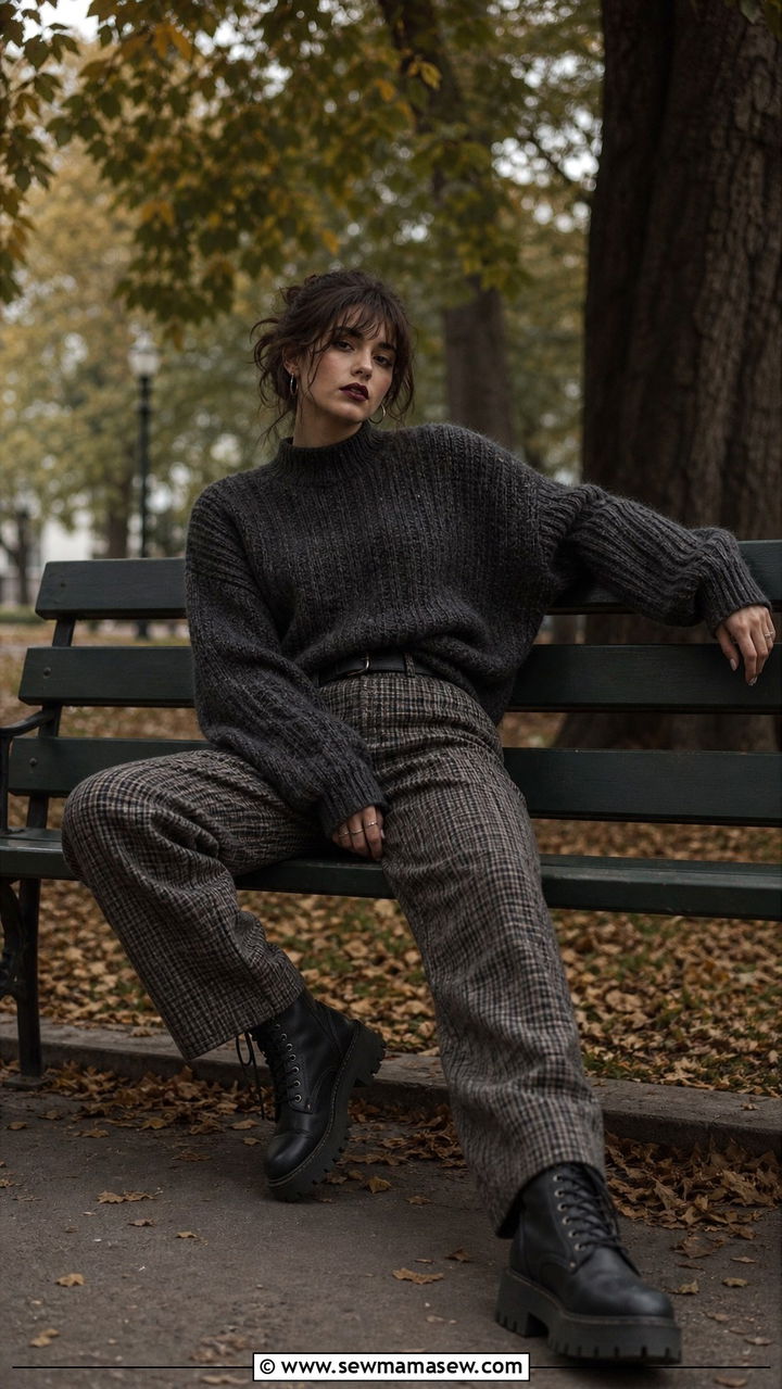 Oversized Knit Sweater And High Waisted Plaid Trousers - 40 grunge outfits