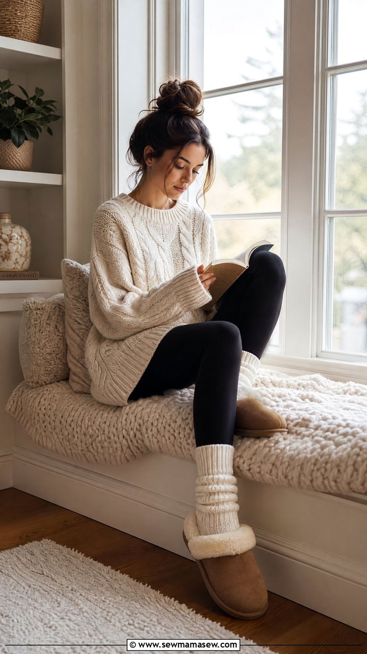 Oversized Knit Sweater And Leggings - 30 Cozy reading outfit ideas
