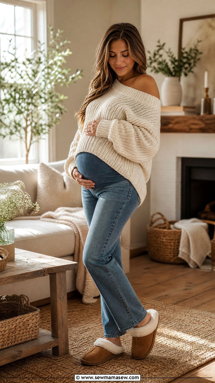 Oversized Knit Sweater And Maternity Jeans Photoshoot Look - 25 Maternity outfit ideas for photoshoot