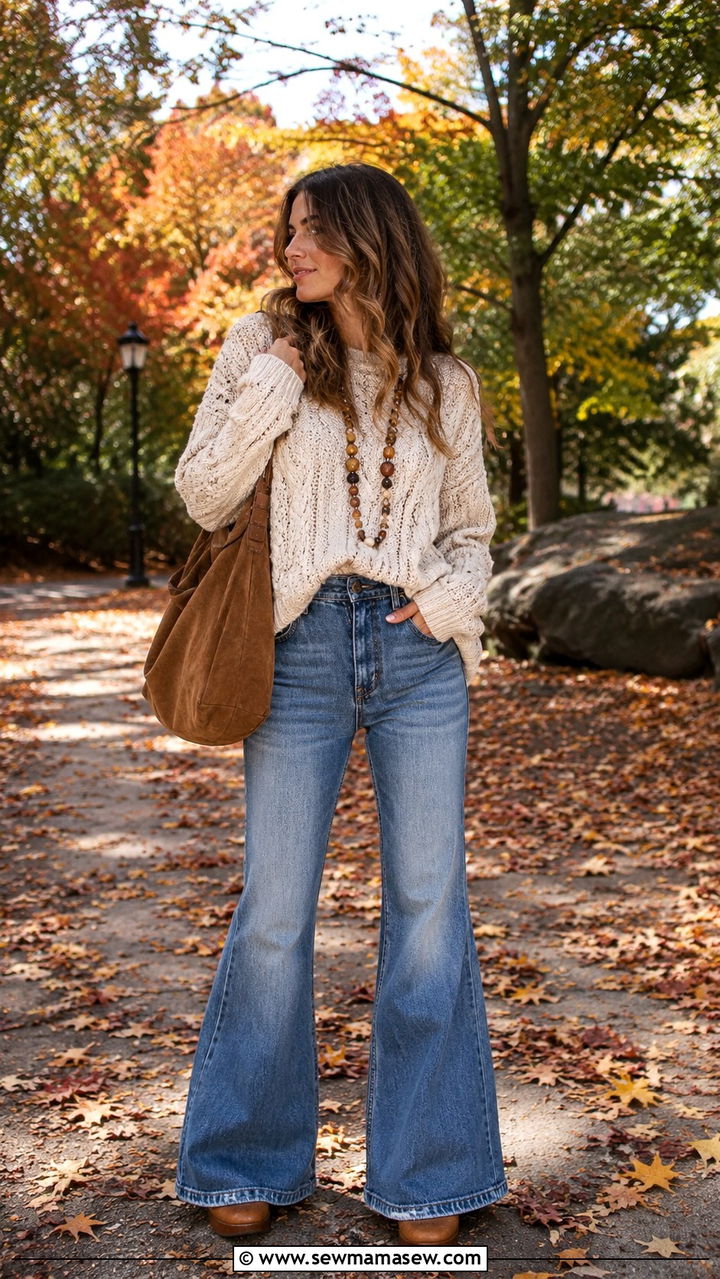 Oversized Knit Sweater Paired with Flared Jeans Outfit - 25 Boho outfit ideas with flared jeans