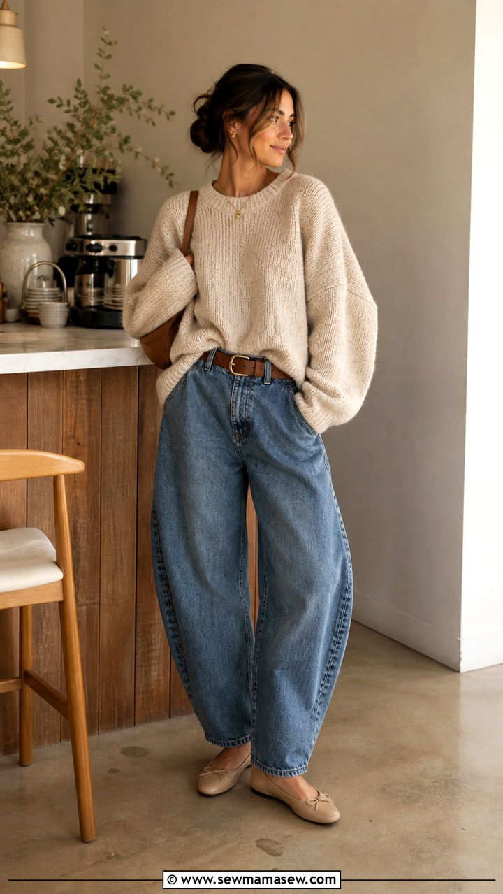 Oversized Knit Sweater With Barrel Jeans And Ballet Flats - 20 Ballet outfit ideas