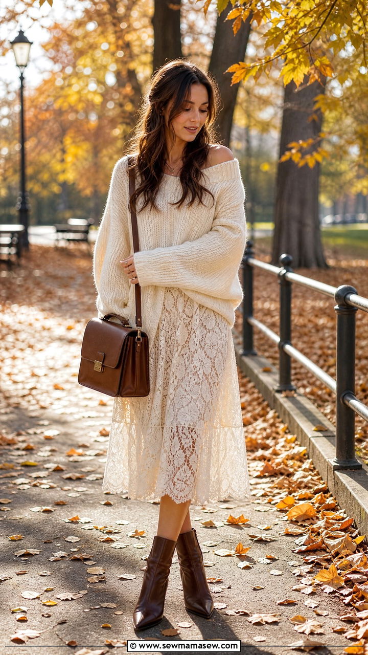 Oversized Knit Sweater With Lace Midi Dress And Boots - 25 poetcore outfits inspo