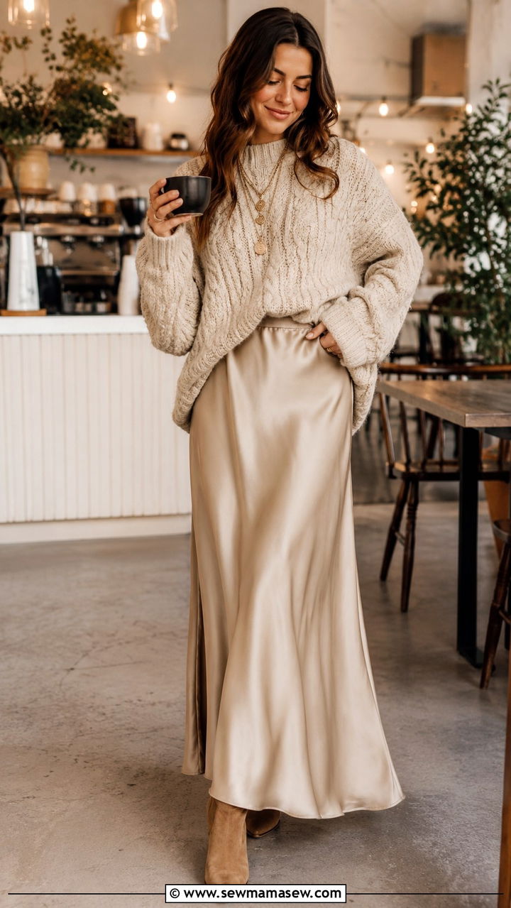 Oversized Knit Sweater With Maxi Skirt And Brass Layered Necklaces - 25 Boho outfit ideas with layered necklaces