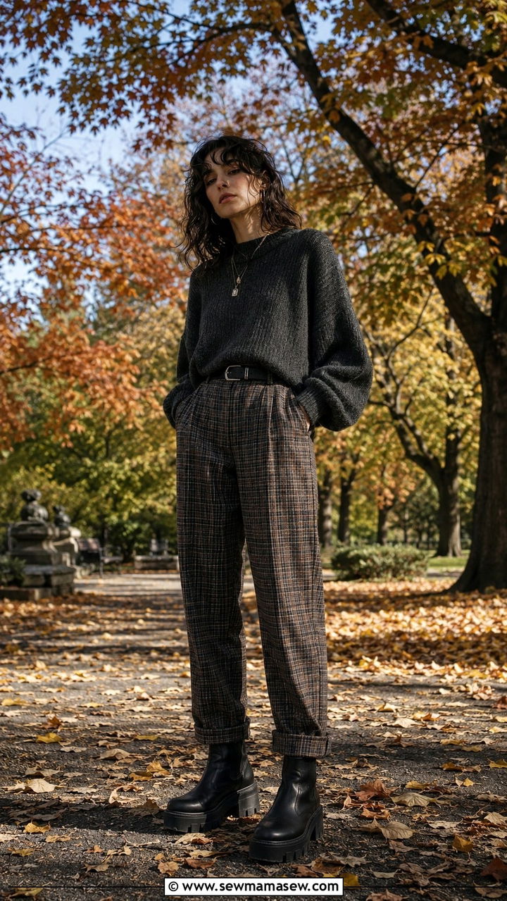 Oversized Knit Sweater With Plaid Pants and Chunky Boots - 30 grunge outfits aesthetic