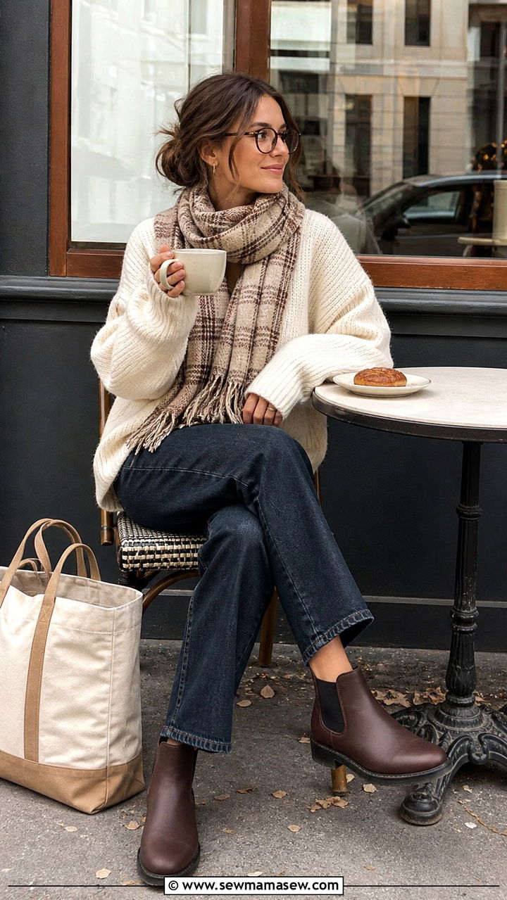 Oversized Knit Sweater With Plaid Scarf And Round Glasses - 40 light academia outfits for women