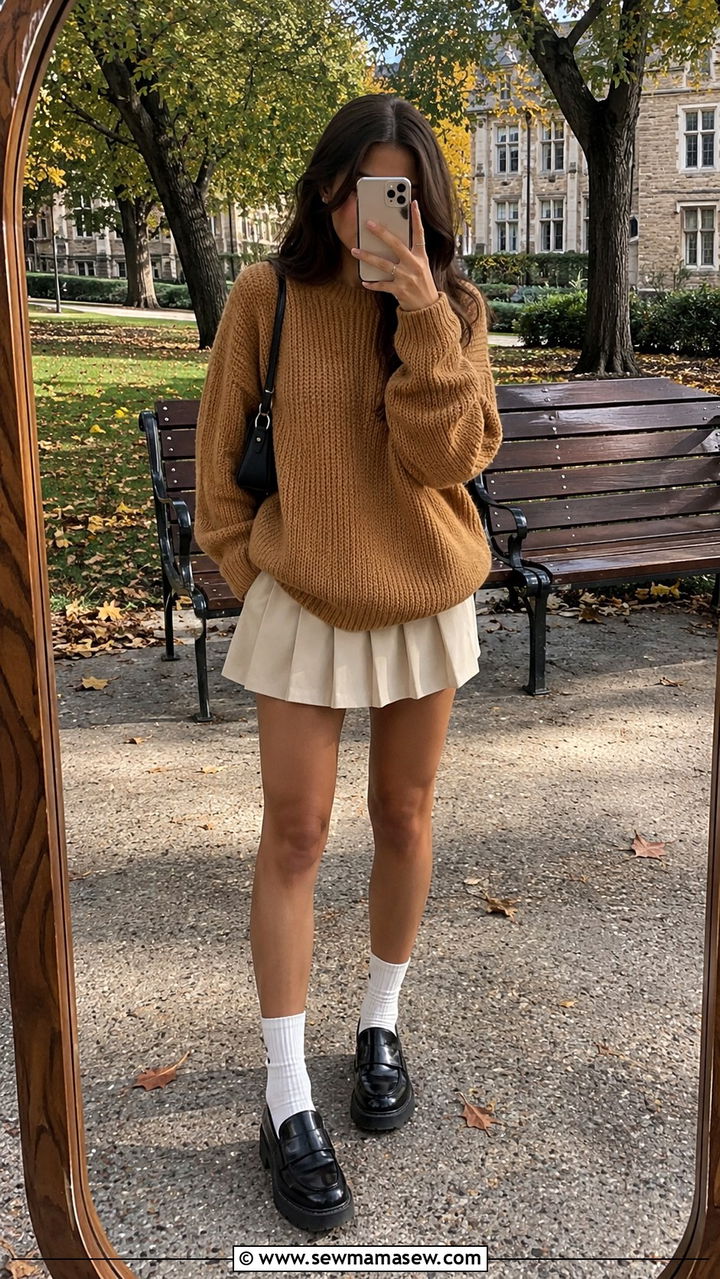 Oversized Knit Sweater With Pleated Mini Skirt And Ankle Socks - 20 College outfit ideas preppy 2026