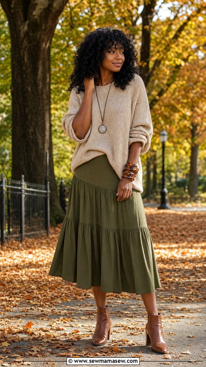 Oversized Knit Sweater With Tiered Midi Skirt Boho Look - 35 boho chic outfits ideas