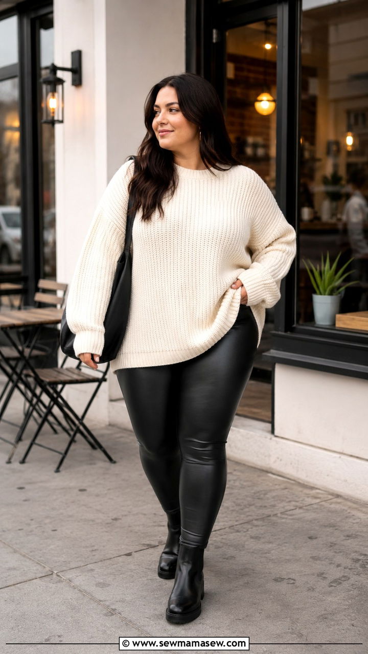 Oversized Knit Sweater and Faux Leather Leggings Outfit - 30 Minimalist outfit ideas plus size