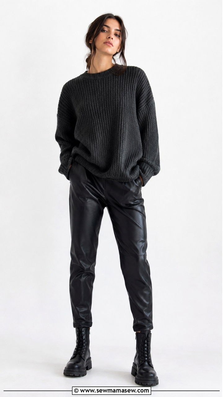 Oversized Knit Sweater and Leather Pants Grunge Outfit - 20 grunge capsule wardrobe outfits