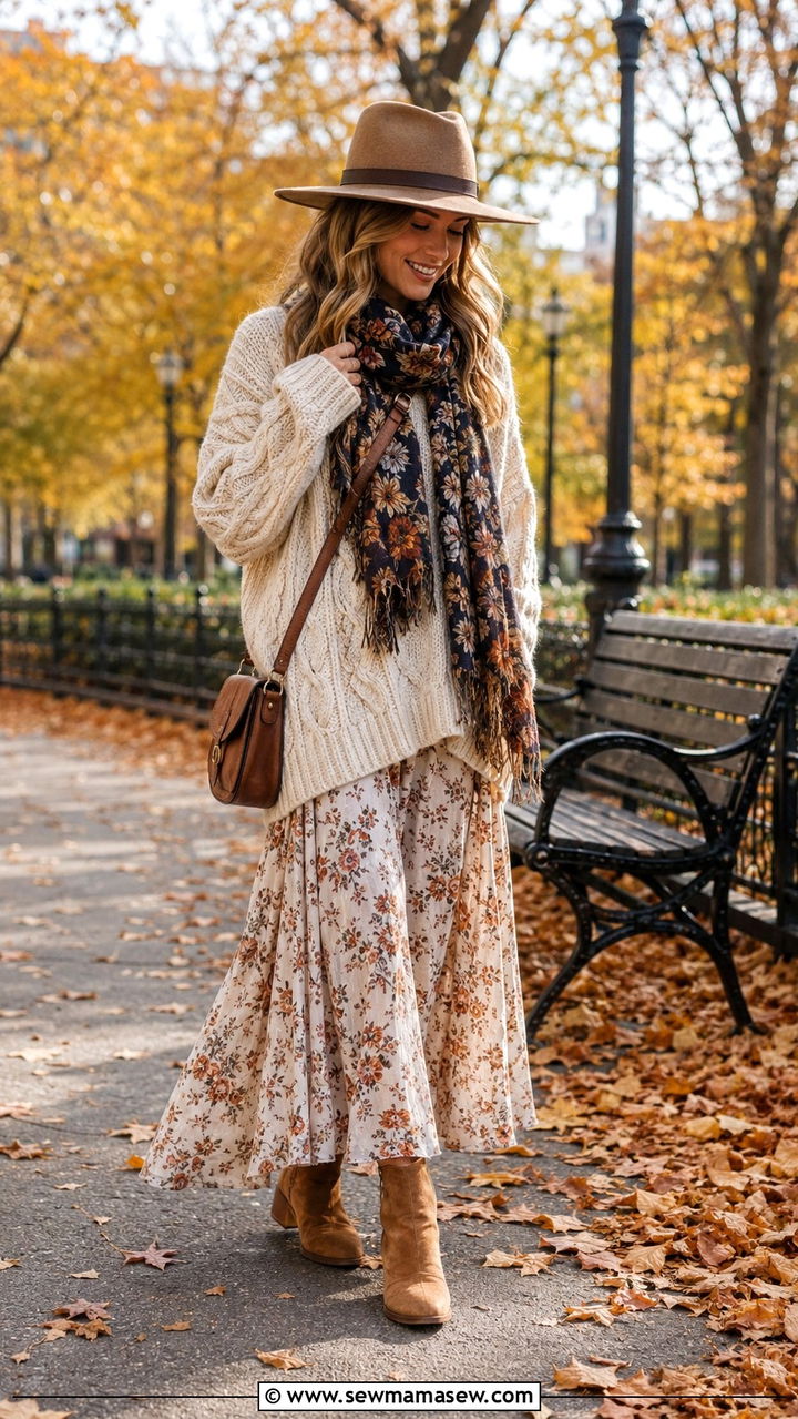 Oversized Knit Sweater and Maxi Skirt Boho Chic - 25 boho chic outfits inspo