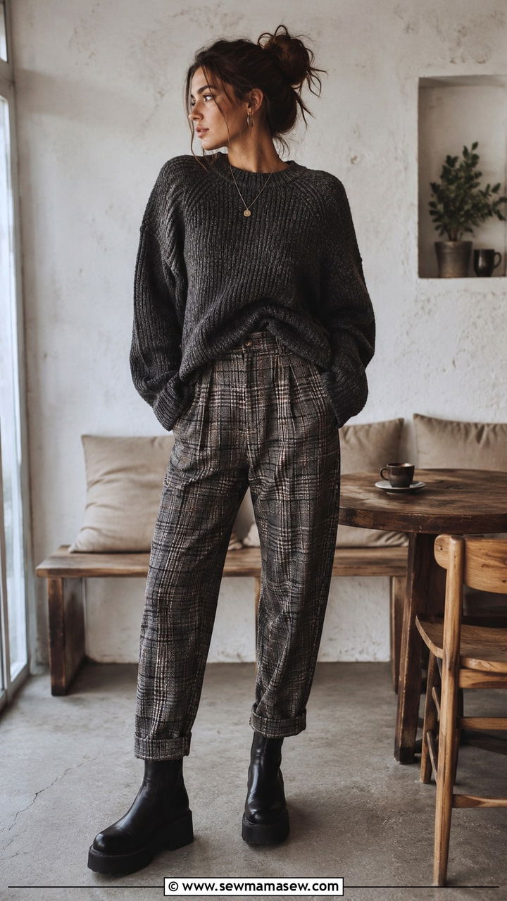 Oversized Knit Sweater and Plaid Trousers with Boots - 30 grunge outfits inspo