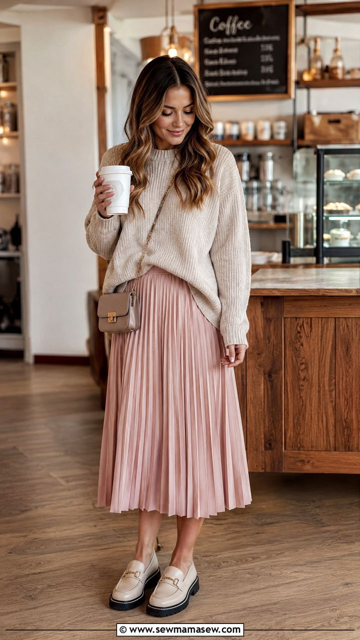 Oversized Knit Sweater and Pleated Skirt Outfit - 30 how to style pleated skirt