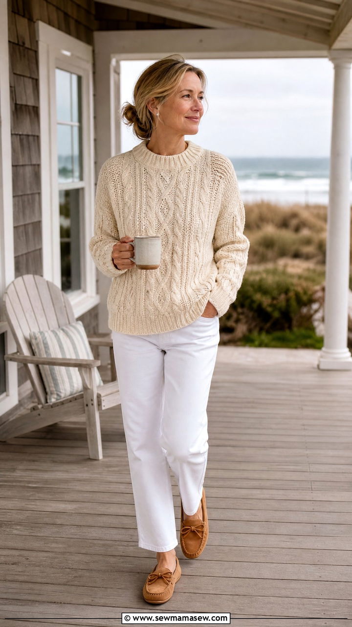 Oversized Knit Sweater and White Jeans - 25 casual coastal grandmother outfits