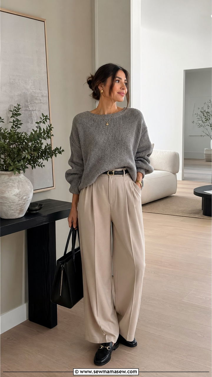 Oversized Knit Sweater and Wide Leg Trousers with Loafers - 35 errand outfit ideas for women